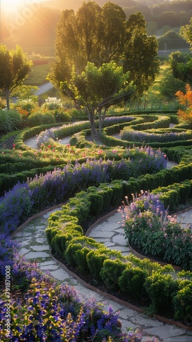 Labyrinth garden at sunrise, montage of dewy flowers and winding paths, soft light, vibrant colors, eye-level view, detailed