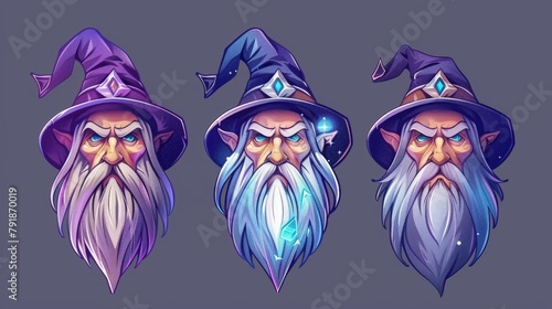 An old wizard portrait - aging process of the sorcerer's face. Portrait of an old wizard - his beard and magician's hat in front view. A yulong, a young adult, and an elderly warlock. photo