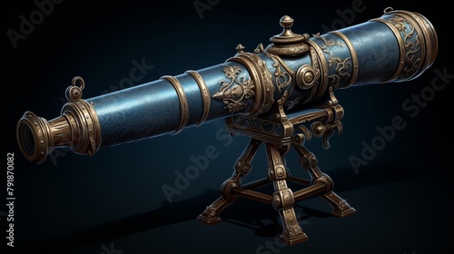 An antique telescope at the black background