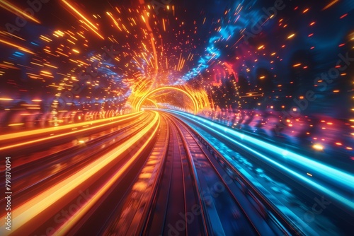 Abstract background with Orange and blue glowing neon light lines and futuristic. High speed train on road. Technology concept