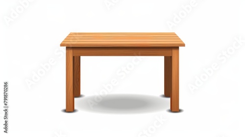 The design element of a wooden desk isolated on white background. A realistic illustration of a brown wooden table at the forefront, a bench, shelf mockup, empty workplace furniture.