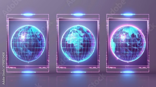 Retrowave aesthetic banner set. Modern illustration of Y2K style posters with blue wireframe globe and lines on gray background.