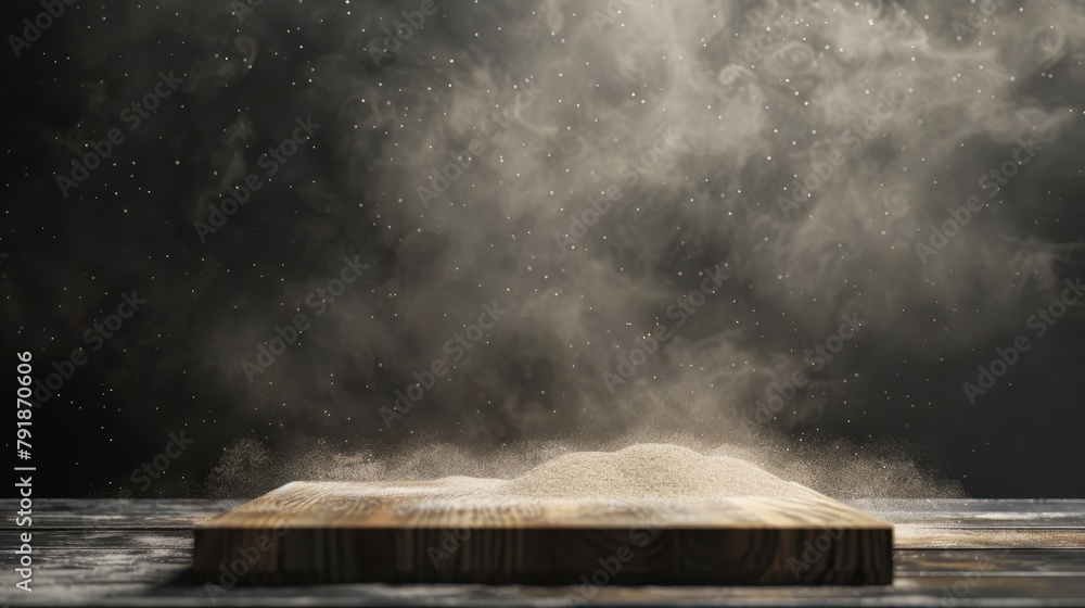 A wooden board with dust effects on a black background. Illustration of flour floating in the air over a brown wood table in the foreground, kitchen interior design element, empty shelf mockup with