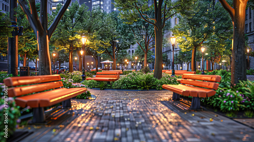 Urban Landscape at Dusk, Modern Skyscrapers and Green City Park, Shanghai Skyline in Background