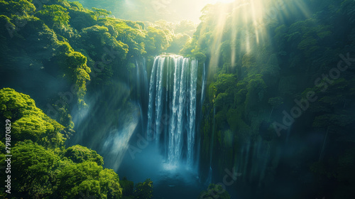 Breathtaking aerial view of a majestic waterfall surrounded by lush greenery