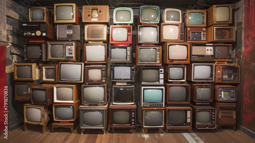 Vintage televisions stacked in a nostalgic display showcasing technology evolution