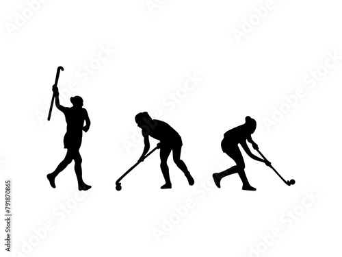 Women hockey player silhouette. Play the field hockey silhouette. Set of women's field hockey athlete silhouette.
