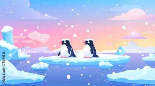 An arctic landscape with penguins perched on ice floes floating on cold water surface  with snow falling from blue and pink skies. Modern illustration of antarctic birds.
