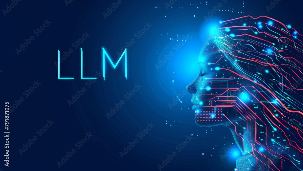 logo, futuristic style with text "LLM", simple human head silhouette ...