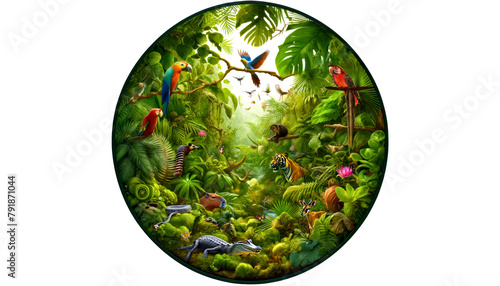 This circular frame showcases a richly detailed rainforest scene, featuring vibrant birds and lush greenery, celebrating the vitality of natural habitats. International Day for Biological Diversity