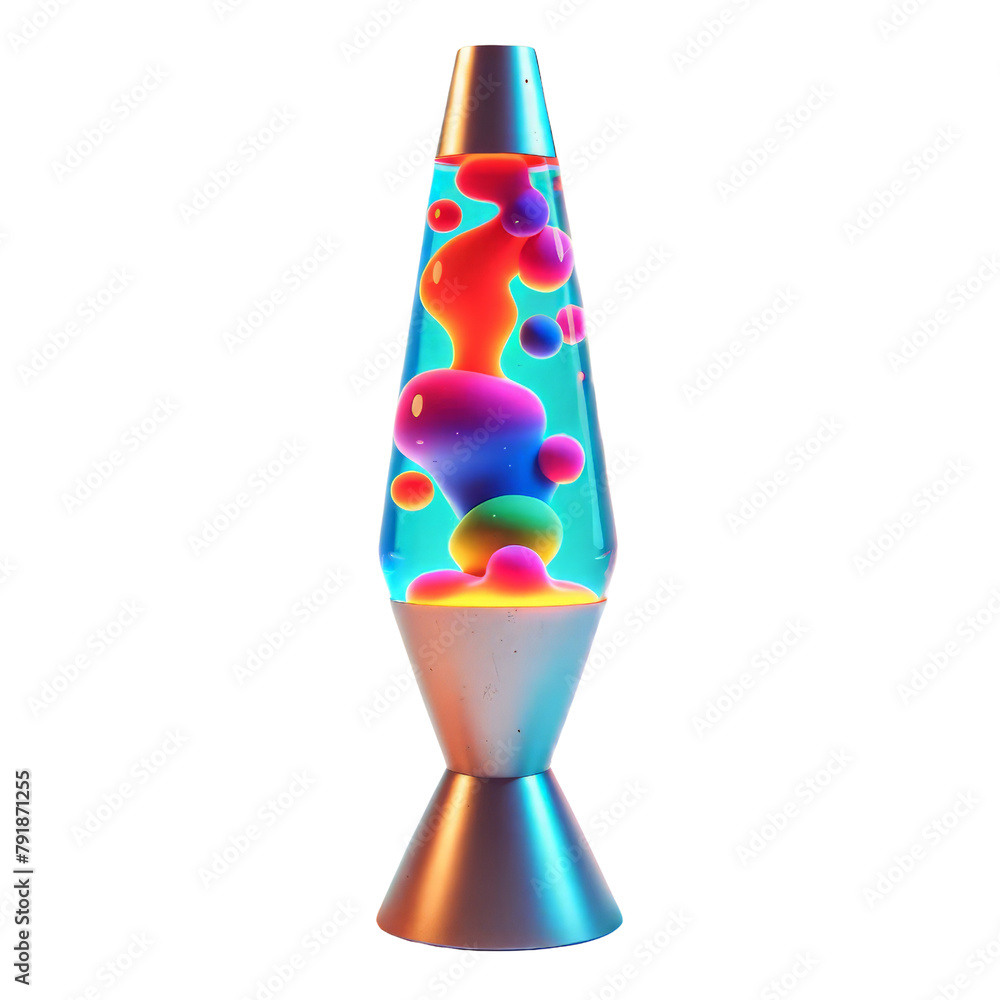 A colorful lava lamp with a blue and silver base, Clipart, 3d render, isolate on white background.