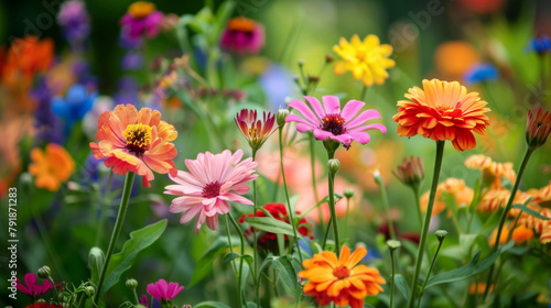 Vibrant array of multi-colored flowers blooming in a lush garden setting