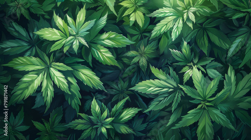 Lush green botanical art illustrating diverse leaf patterns and textures