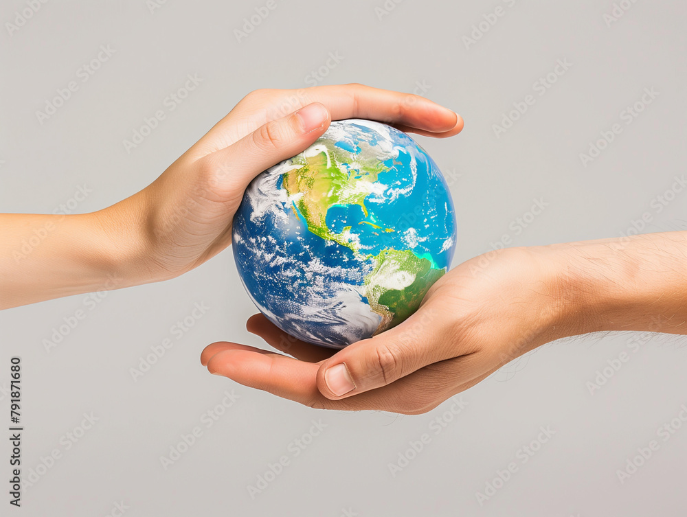 Two hands cupping a globe, Concept of eco-friendly practices and global responsibility for environmental conservation. Two hands cupping a globe, Concept of eco-friendly practices and global responsibility for environmental conservation.