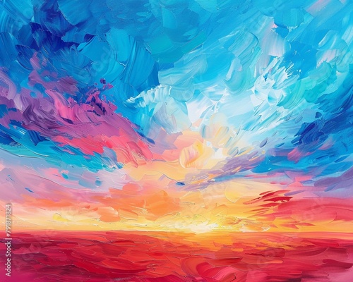 Sunset hues, abstract sky painting, wide angle, warm glow for peaceful background