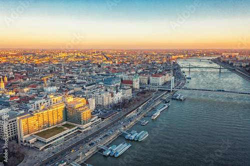 Hungary is popular tourist destination for romantic trips. Budapest dusk Danube river and bridge.