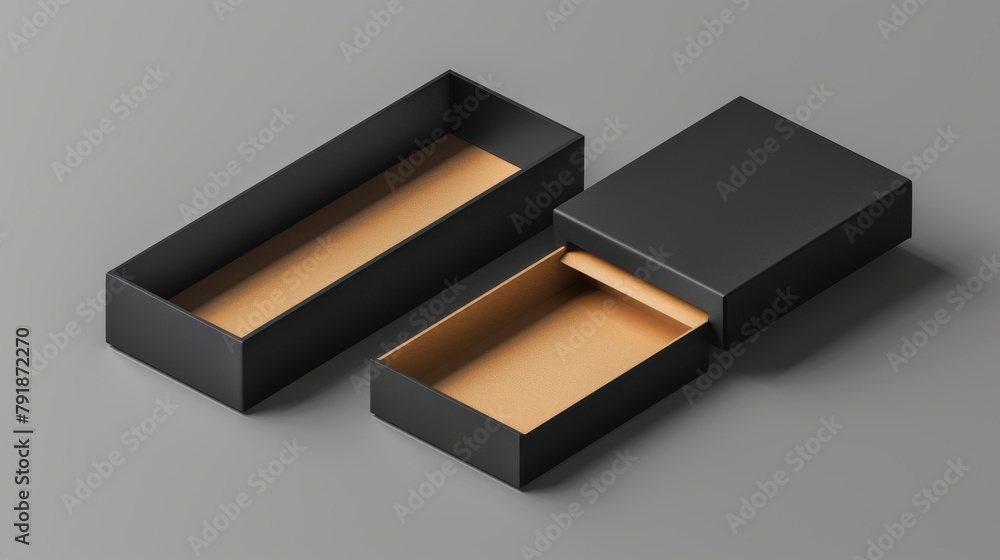 Mockup of an open slide box. A realistic modern illustration of a black blank carton package with sleeve. The pack is designed as a gift box with a drawer inside. Cardboard matchbox template for a Mockup of an open slide box. A realistic modern illustration of a black blank carton package with sleeve. The pack is designed as a gift box with a drawer inside. Cardboard matchbox template for a