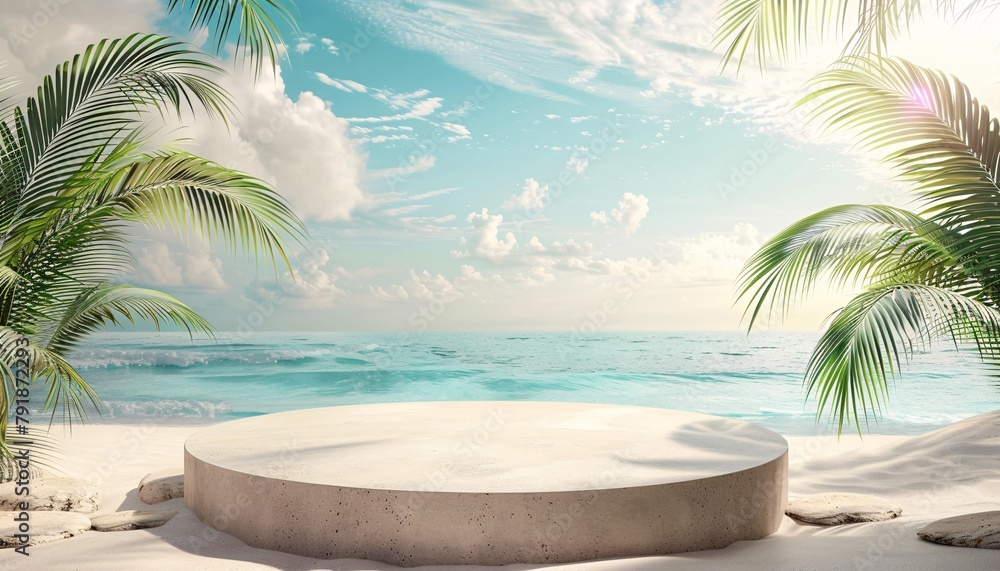 Marble podium for product display and presentation. Summer beach mockup with white sand, palm trees and ocean background - Generative AI
