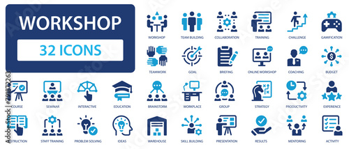 Workshop icons collection. Professional seminar to teach skills and improve teamwork sign set. Simple flat vector icon.