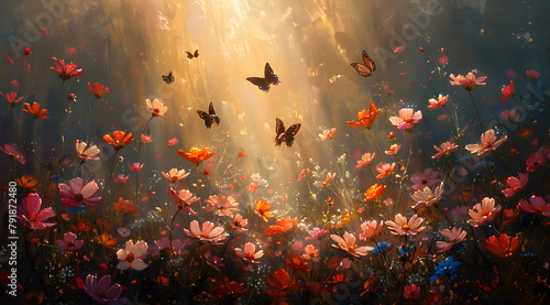 Dawn's Ballet: Soft Shadows of Butterflies Grace Dew-Laden Flowers #791872480