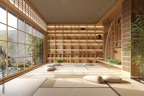 room with wall wooden shelf design and tatami floor, room earth tone.3D rendering.