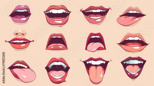 Mouth animation kit for woman. Cartoon modern illustration set of young female character face with various positions of lips and tongue when speaking and pronouncing the English alphabet. photo