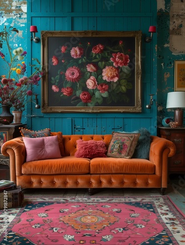 Vintage-Styled Interior with Orange Sofa and Floral Decor