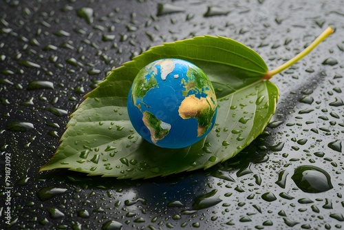A leaf with Earth in globe form, symbolizing the planets fragility