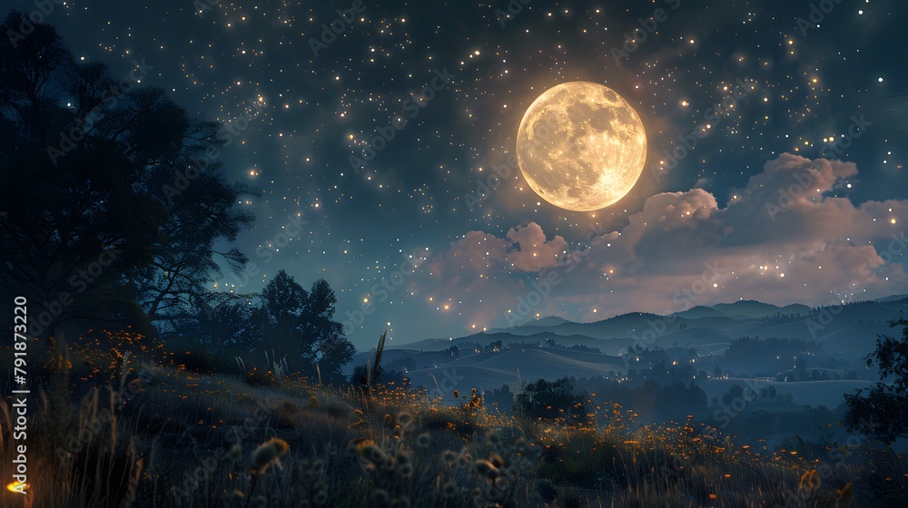 beauty of the night with a sky illuminated by the soft glow of a full moon and shimmering stars, portrayed in full ultra HD high resolution.