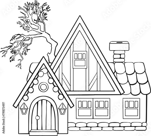 Modern cottage , contour drawing on a white background. Vector illustration