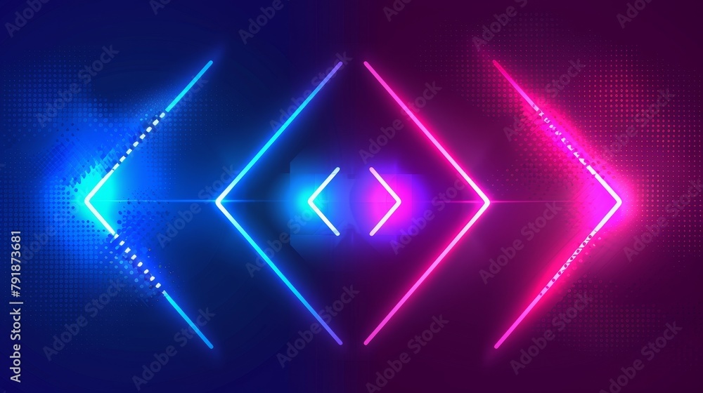 A neon light arrow line background in modern format. A blue and pink laser effect banner. A bright color and geometric night club backdrop. A bright color cyber design for a party with arrows A neon light arrow line background in modern format. A blue and pink laser effect banner. A bright color and geometric night club backdrop. A bright color cyber design for a party with arrows