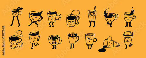 Set of retro doodle funny characters posters. Vintage drink vector illustration. Latte, cappuccino, coffee cup mascot. Nostalgia 60, 70s, 80s. Print for cafe