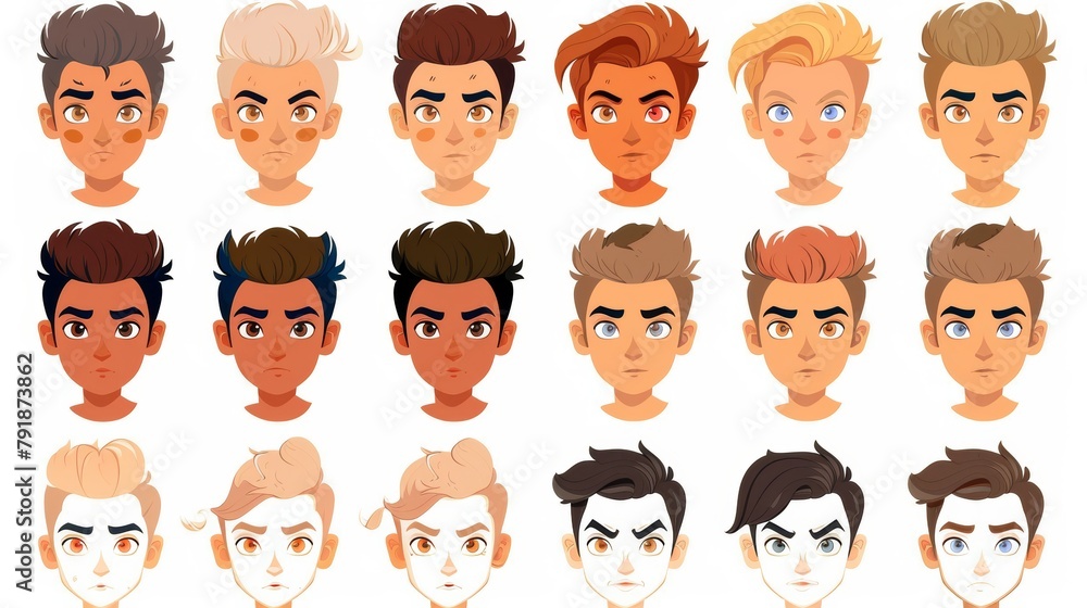Modern set of male avatar qualities, including hairstyle, eye color, eyebrow and lips. Young guy creator element for games. Modern set of male avatar qualities, including hairstyle, eye color, eyebrow and lips. Young guy creator element for games.