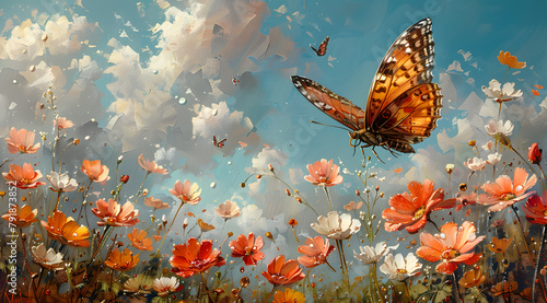Beneath the Sky: Towering Flowers and a Butterfly's Flight in Oil photo