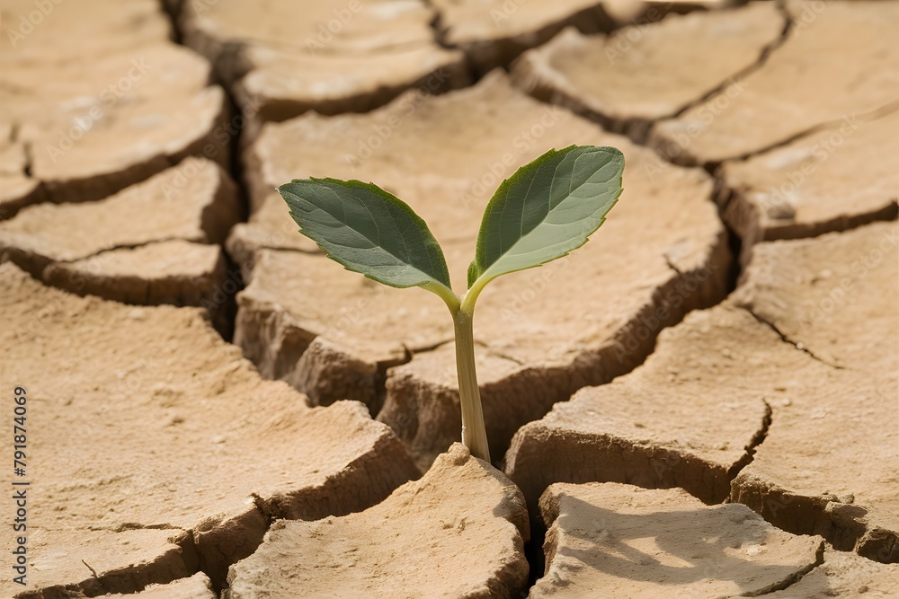 A resilient plant growing from cracked, dry ground amidst harsh conditions A resilient plant growing from cracked, dry ground amidst harsh conditions