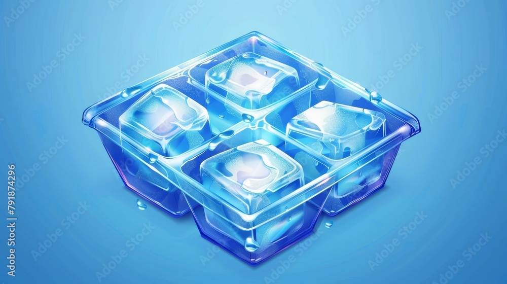 This is an ice cube tray with frozen water. Isometric form for freezing liquid drinks. Icle piece pack to refrigerate drawing graphic asset. This is an ice cube tray with frozen water. Isometric form for freezing liquid drinks. Icle piece pack to refrigerate drawing graphic asset.