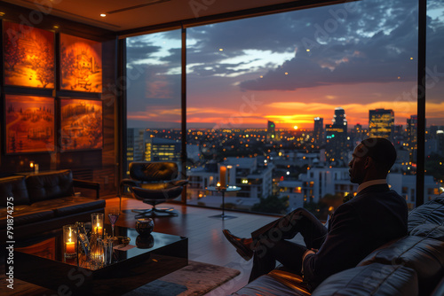A sophisticated male billionaire in formal suit resing on sofa at his luxurious penthouse with stunning sunset city views photo