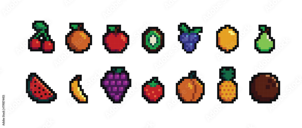 Retro pixel art food isolated icons with 8bit pixel fruits and ...