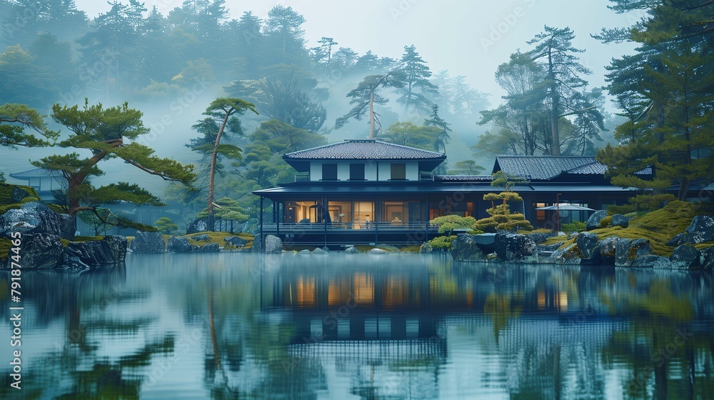 Fototapeta premium Tranquil Japanese Garden With Traditional House