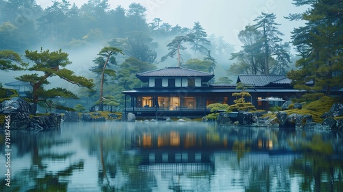 Tranquil Japanese Garden With Traditional House © lin
