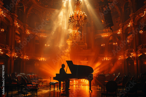 Professional pianist plays in a luxurious concert setting amid spotlights, offering a private performance concert
