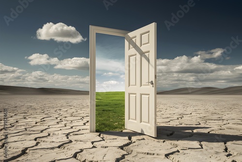 Barren landscape meets lush meadow through open doorway symbolizing hope and change