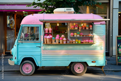 A quaint ice cream truck parked by the roadside, offering sweet treats to passersby.