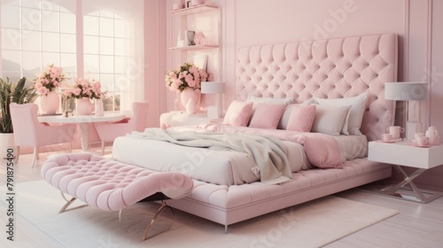 Pink-walled bedroom with white bed