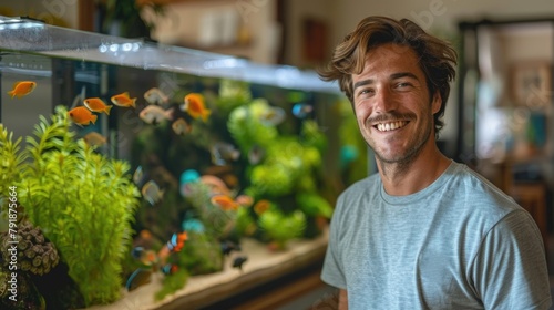 Man observing fish tank