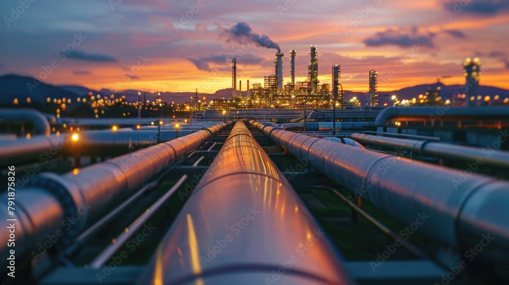 Oil refinery with pipes and lights at dusk