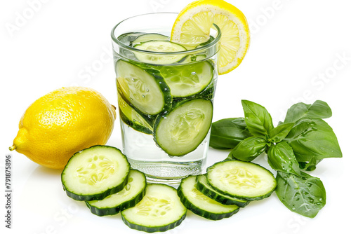 A refreshing glass of cucumber lemon water with slices of cucumber and lemon, a hydrating and invigorating summer drink choice isolated on solid white background.