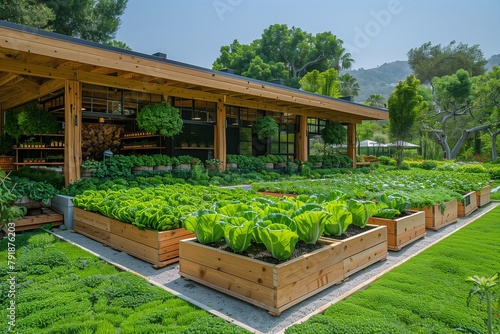 vibrant garden in front of a wooden structure with various types of green plants and vegetables growing healthily photo