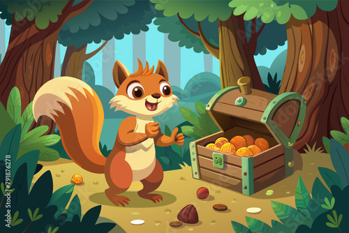 A squirrel finding a hidden treasure chest filled with acorns