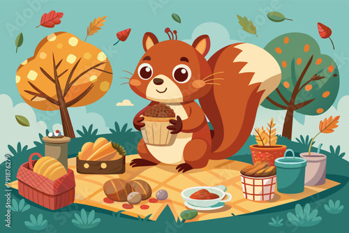 A squirrel hosting a picnic with acorn-themed treats